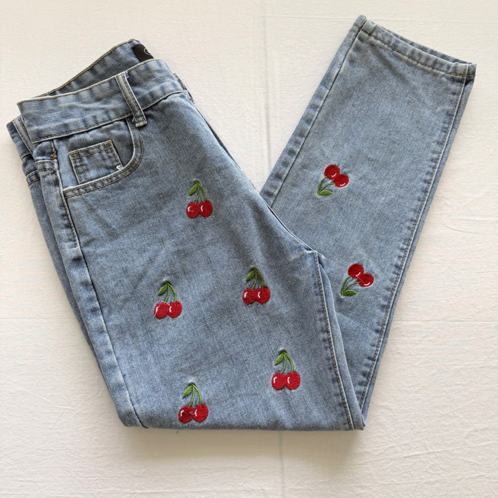 Cider Straight Leg Jeans Women M Light Blue Excellent Cherry Embroidered Y2K - Picture 2 of 7